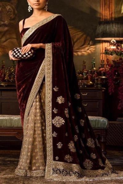 Maroon velvet designer saree 